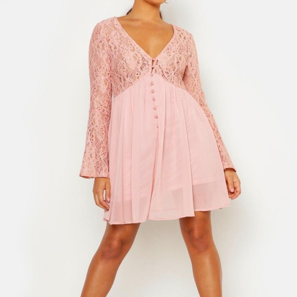 New BooHoo Lace Dress Size 8 Blush Pink Long Sleeve Boho Balletcore Romantic
